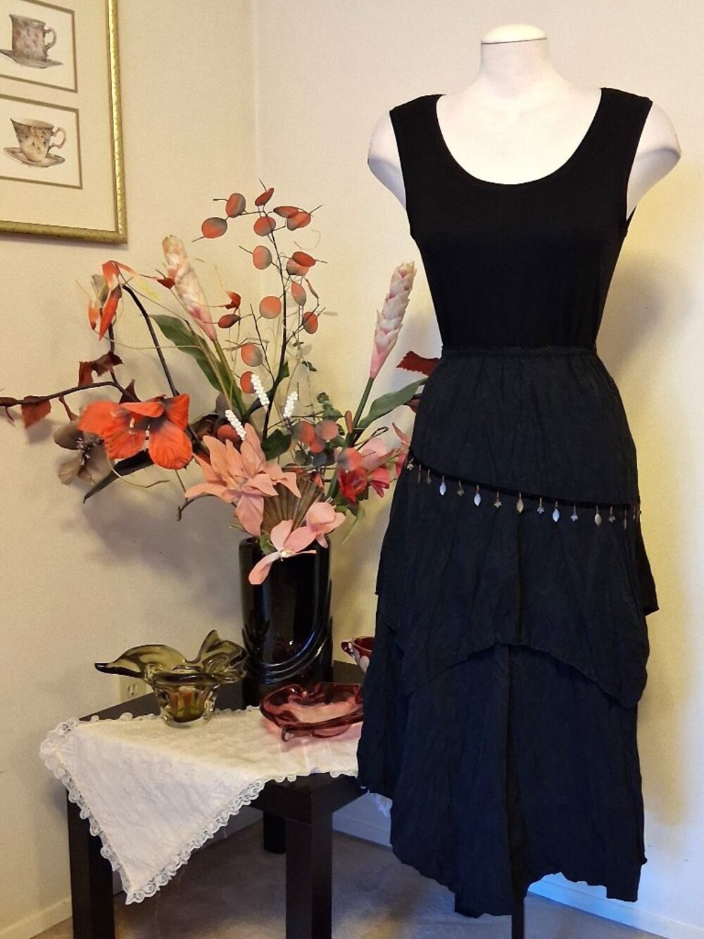 New Unique Design High Quality Vintage Style Black Tiered Lined Midi Skirt 12